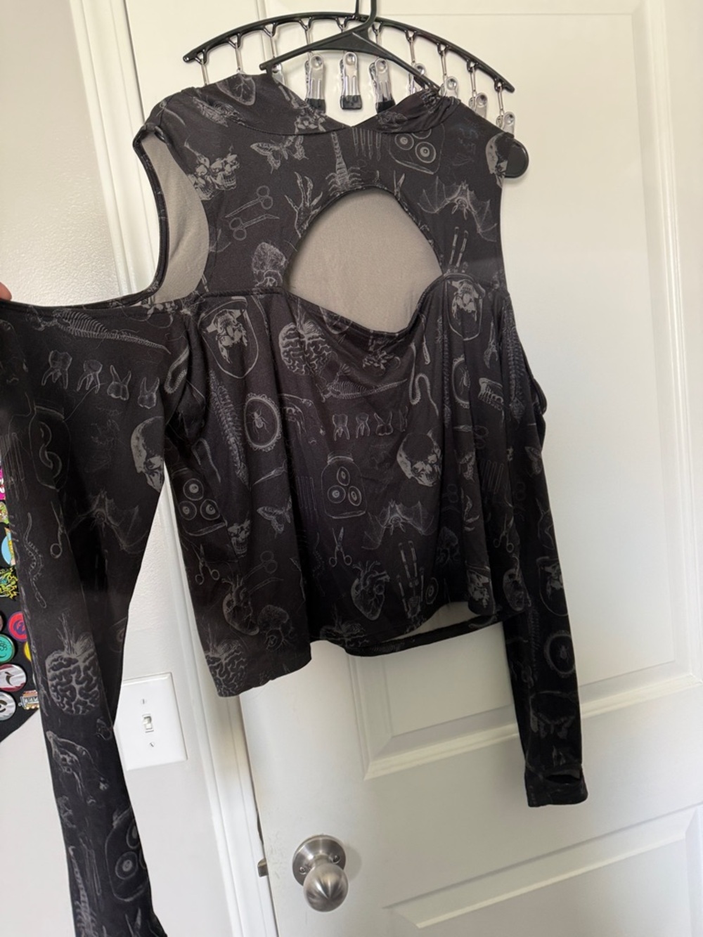 Black Graphic Cold-Shoulder Crop Top with Back Keyhole